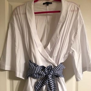 NWT Eloquii white wrap blouse w/ striped obi belt